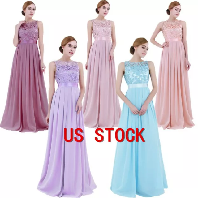 US Women Ball Gowns Embroidered Chiffon Maxi Dress Formal Prom Party Long Dress