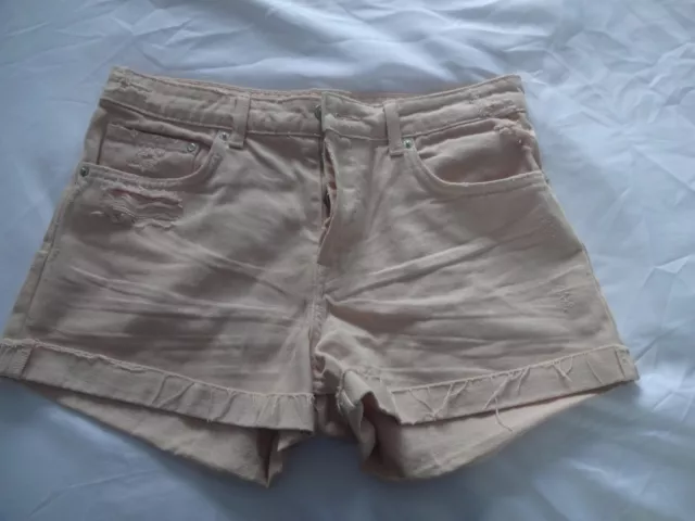 H&M Button Fly Distressed Boyfriend Light Pink Denim Shorts UK 10