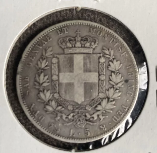 Italia Cerdeña 1850 King Vittorio Emanuele Ii 5 Liras Corona De Plata En Muy Buen Estado 2