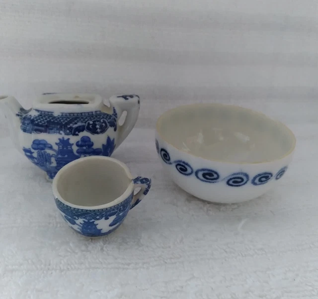 Vintage Antique Blue White Mini Bowl Teapot Teacup Japan Occupied Japan