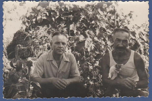 Handsome Guys with a Kitten in the Garden, Cute Boys Soviet Vintage Photo USSR
