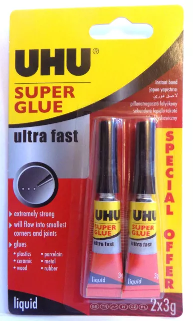 Twin Pack of UHU Super Glue Ultra Fast Liquid Glue - 2 x 3g Tubes - Free Post Pk