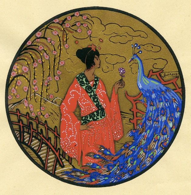 1930s French Pochoir Print Art Deco Japanese Geisha Red Kimono Ornate Peacock