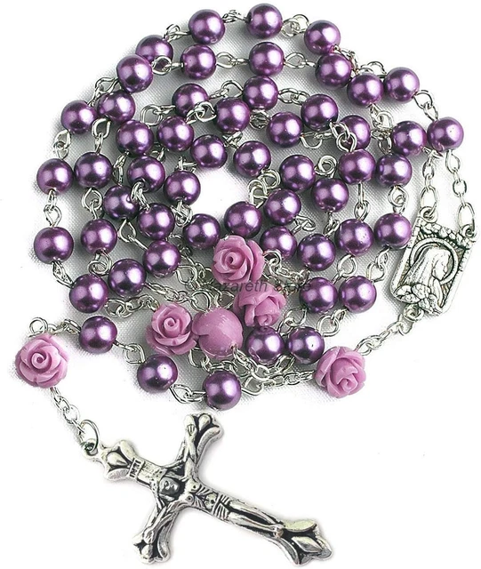 Catholic Purple Pearl Beads Rosary Necklace Our Rose Lourdes Medal & Cross NS
