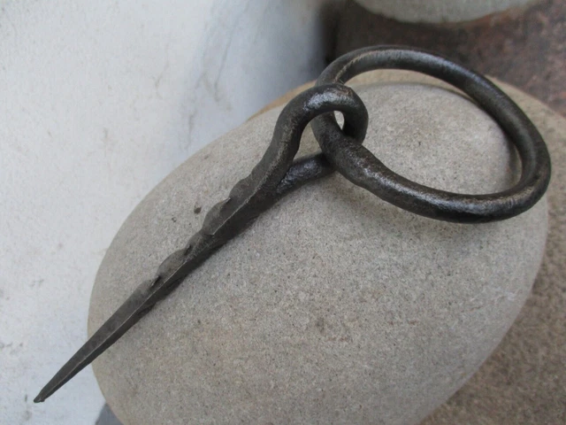 Antique Wrought Iron Tethering Large Ring on Pin Game Hook Old Wall Hardware 2