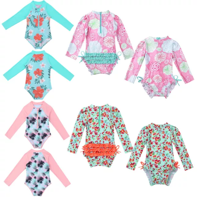 Kids Girls Floral Swimwear Long Sleeve Rash Guard Costume Bathing Suit Swimsuit