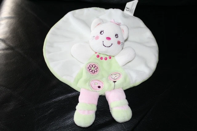 Doudou Peluche Chat Rond Blanc Robe Verte Rose Coeur Fleur Nicotoy Kiabi