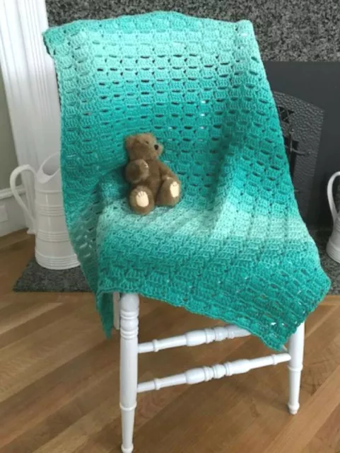 Handmade Crochet Baby Afghan Blanket Shawl Wrap Lap Throw Aqua Blue Green Ombre