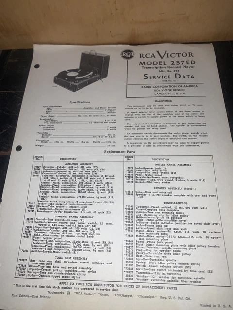 RCA VICTOR MODEL 2S7ED Transcription Record Player.Service Data ...