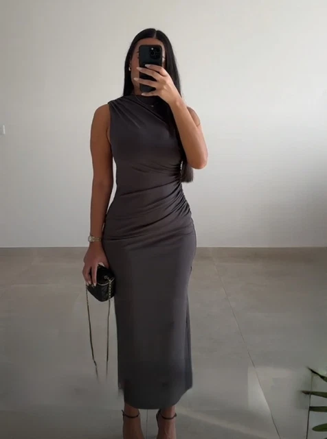 ZARA DRAPED KNIT High Necked Midi Maxi Dress Charcoal Grey - Size S -  3152/233 18.99 - PicClick UK