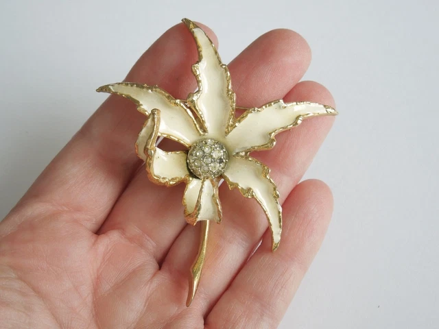 Broche Vintage Fleur Filigrane Or Rose Plaqué Avec Perles Blanches