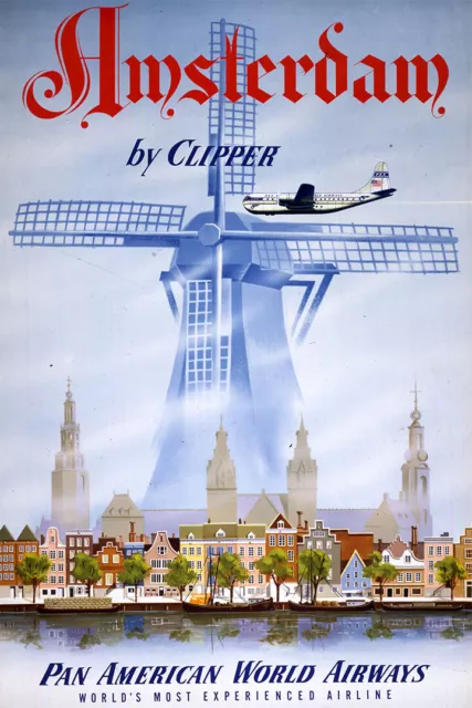 Pan American Airlines Amsterdam Travel Wall Art Home Decor - POSTER 20x30