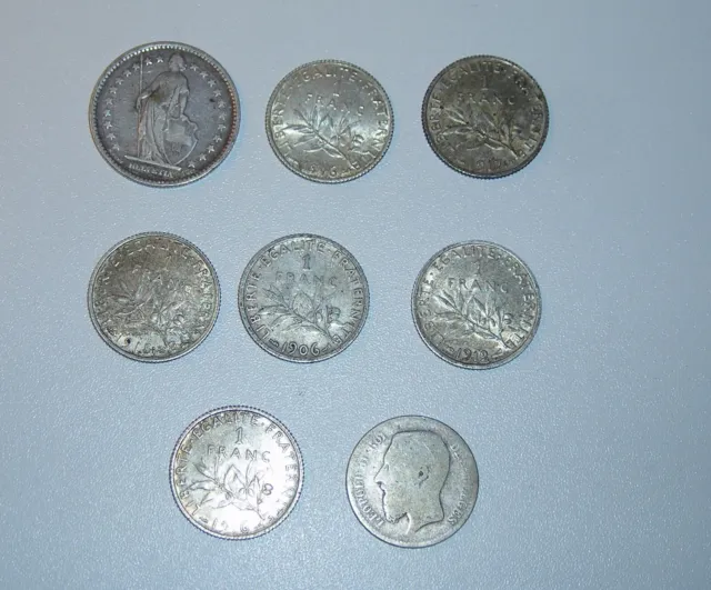 Lot Monnaie Argent 1 Franc Semeuse 1906 2 Francs Suisse 1875 Leopold Belge 1869 