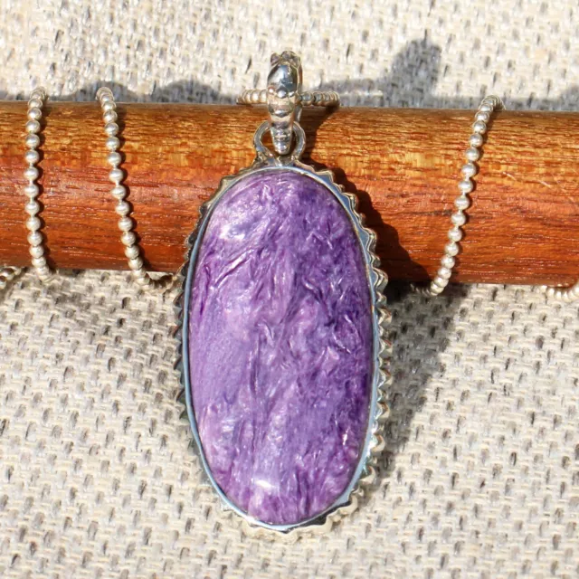 Solid 925 Sterling Silver Charoite Gemstone Pendant Necklace Jewelry Handmade