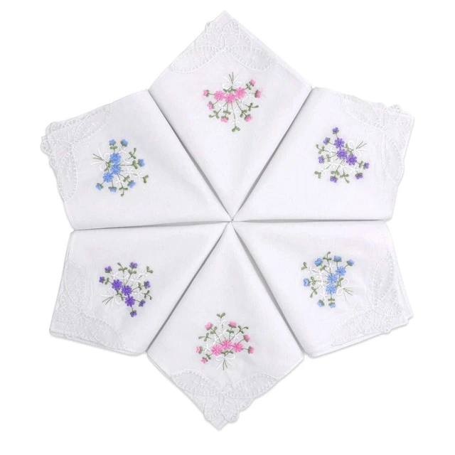 Women's Cotton Handkerchiefs Flower Embroidered with Lace, Ladies Hankies 6 Pcs