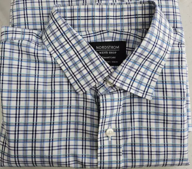 Nordstrom Dress Shirt Mens 15.5 34/35 Trim Fit Blue Check Wrinkle Free Cotton