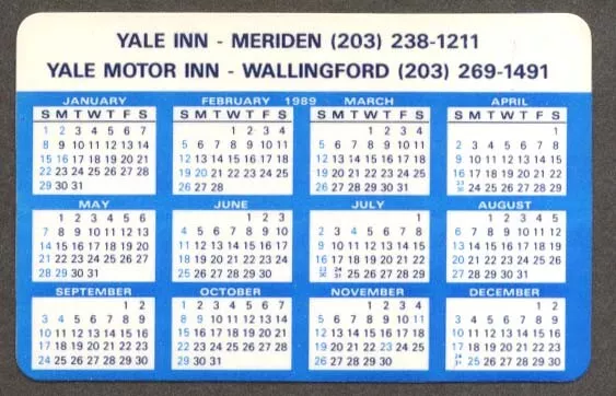 Yale Motor Inn Meriden Wallingford pocket calendar 1989