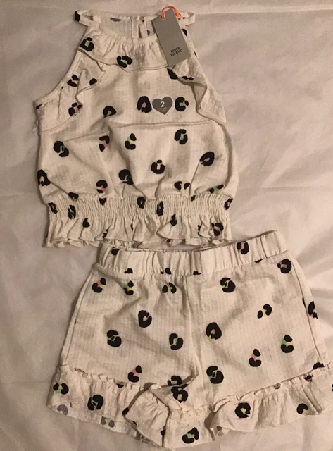 River island mini girls aged 3-4 years cream print frilly shorts set BNWT