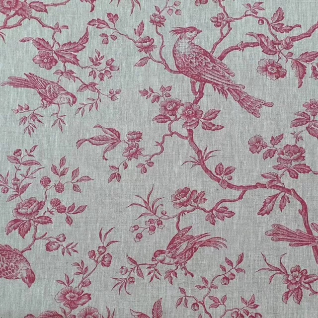 Toile de lin Mésanges impression framboise sur écru