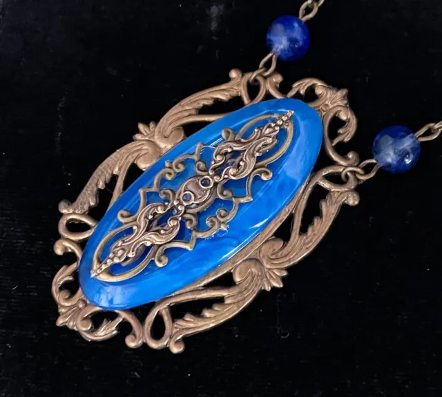 Vintage Necklace Art Nouveau Large Filigree Blue Peking Glass Pendant