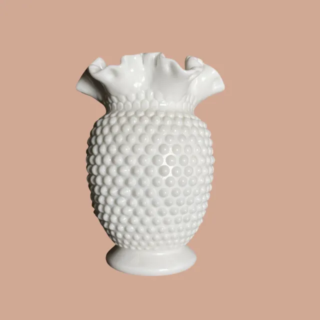 Vintage Fenton White Hobnail Milk Glass Double Crimped Vase 8" tall