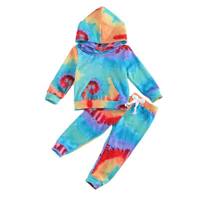 Kids Toddler Baby Girls Tie Dye Tracksuit Outfit Pockets Hoodies Tops Pants Suit