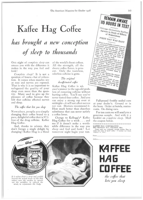 1928 Print Ad Kellogg Kaffee Hag Decaf The Coffee That Lets You Sleep!
