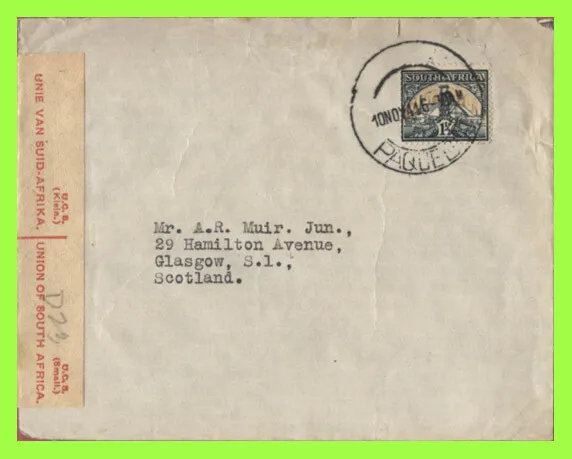 South Africa 1941 1½d on 'Paquebot'  cover to Scotland, With dual language Censo