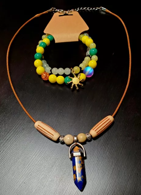 Hexagonal Simulated Pointed Stone Quartz Energy Necklace Jewelry + 2 Bracelets