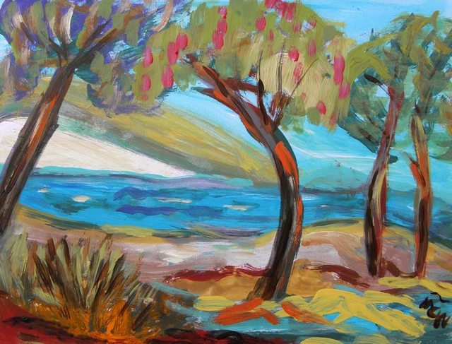 ORIGINAL Sea Palm Landscape Naive FOLK  Outsider Art Brut Mary Carol art MCW