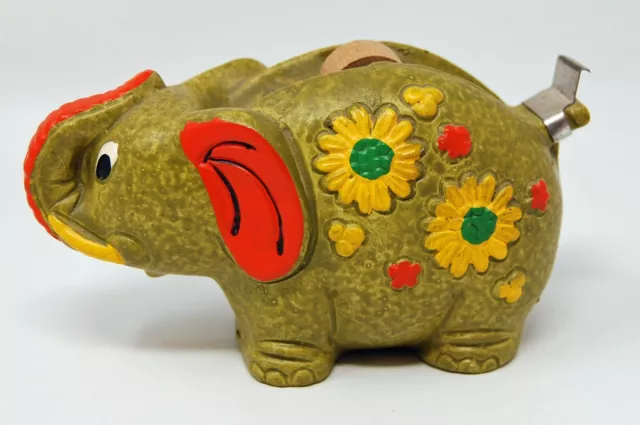 Vintage 70s Paper Mache Elephant Tape Dispenser Figurine Retro Mod Flower Power