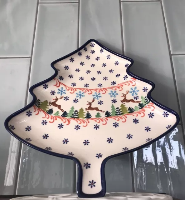 New Polish Pottery Christmas Reindeer Colorful Tree Tray (50% to Charity)