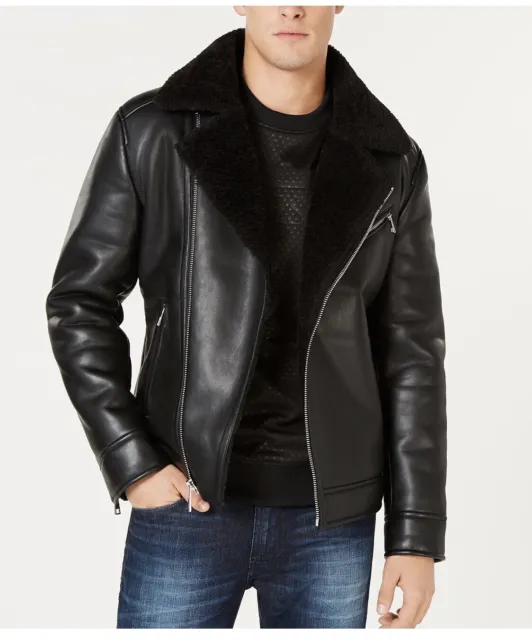 Guess Mens Asymmetrical Black Faux Leather Fur Motorcycle Jacket Bomber 118AU322