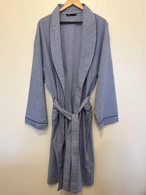BHS Mens Large Dressing Gown Robe Long Check Blue White Vintage Style Retro