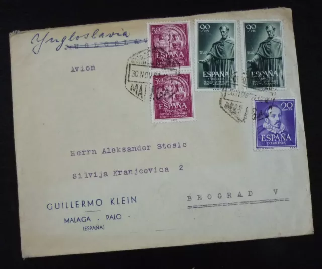 Spain 1953 Cover from Malaga to Belgrade Serbia Yugoslavia - Airmail RV11