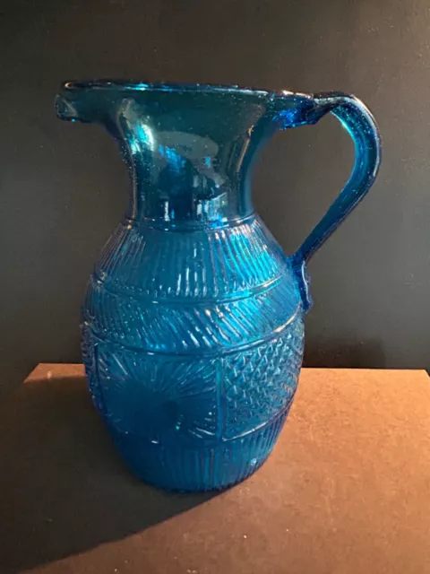 Vtg Blue Glass JUG VASE Boston&Sandwich blown 3-mold Repro Clevenger SouthJersey 3