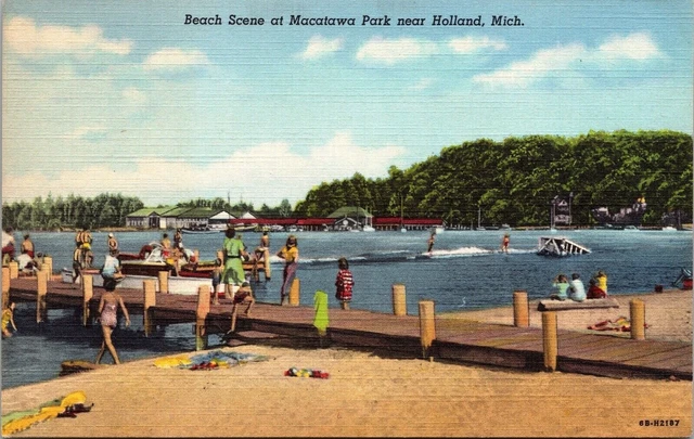 Beach Scene Macatawa Park Holland Michigan MI PPL Boats Pier Postcard Unused UNP