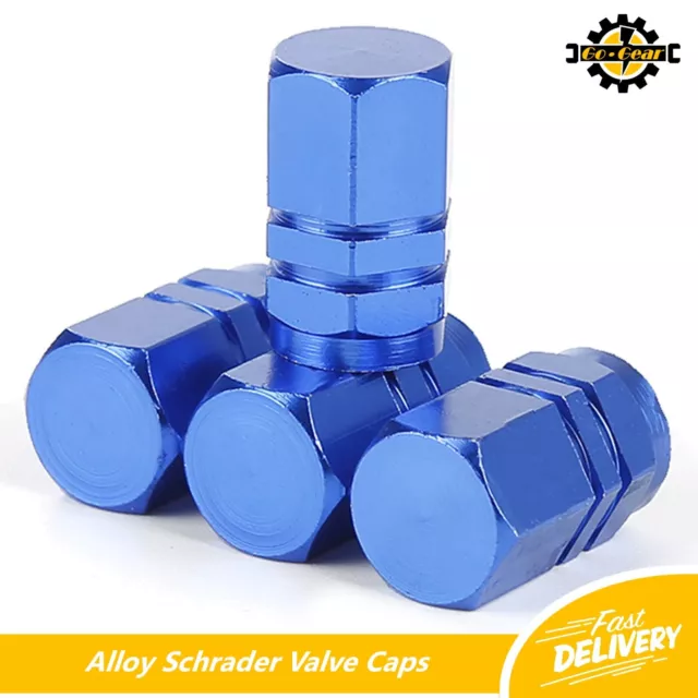 ALLOY VALVE DUST CAPS Car Bike Scooter Wheel Tyre Metal Schrader Hex Style Blue