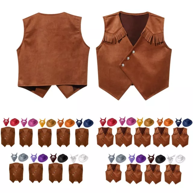 Kids Boys Waistcoat With Hat And Bandana Dress Up Western Cowboy Costume Sets