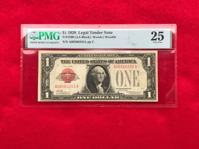 FR-1500  1928 Series $1 Red Seal US Legal Tender Note *PMG 25 Very Fine*