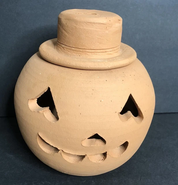 Hewell's Pottery Terracotta Jack O Lantern 9" Pumpkin Halloween with Hat Signed