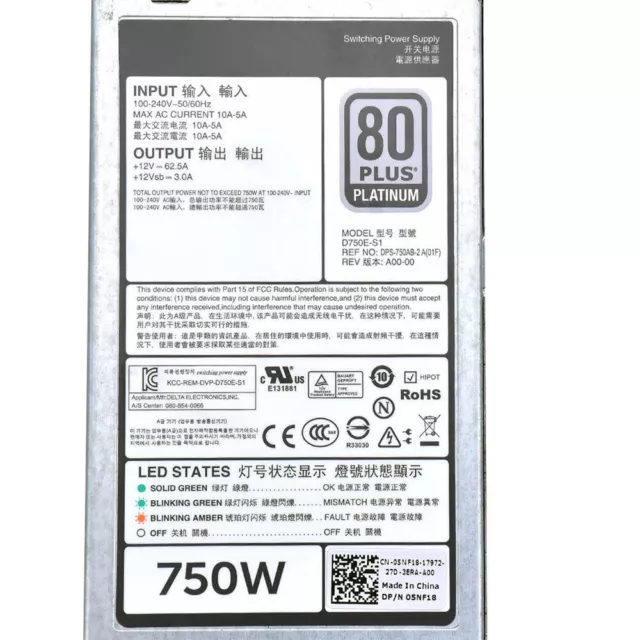 Fuente de alimentación de servidor PSU para DELL D750E-S0 E750E-S0 R620 R720 T720 750W