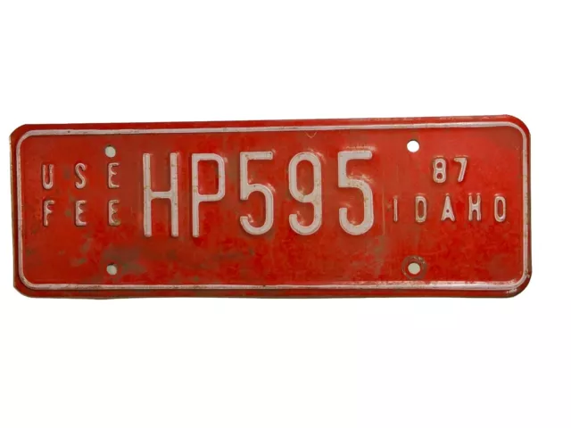 1987 Idaho USE FEE License Plate HP595 Man Cave Garage Pub Decor White On Red