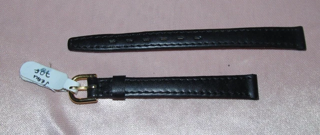 Bracelet Montre Femme En Cuir Véritable Noir - Largeur 10mm - Boucle Métal Doré - Neuf