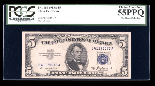 DBR 1953-A $5 Silver Fr. 1656 EA Block PCGS 55 PPQ Serial E41175073A