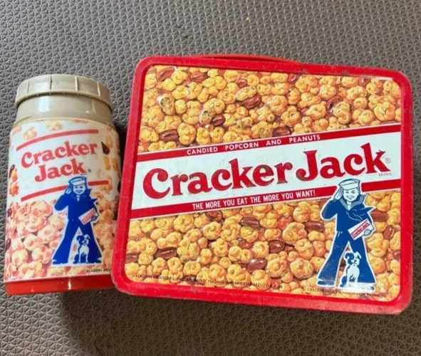 VINTAGE COLLECTIBLE 1980'S Cracker Jack Metal Lunch Box & Thermos 45.
