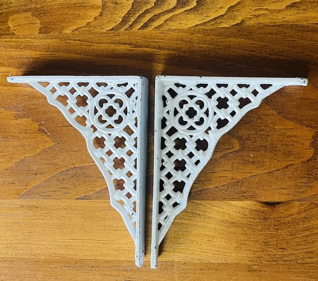 Pair of Antique White Ornate Metal Shelf Brackets Vintage 4 3/4" x 3 3/4"