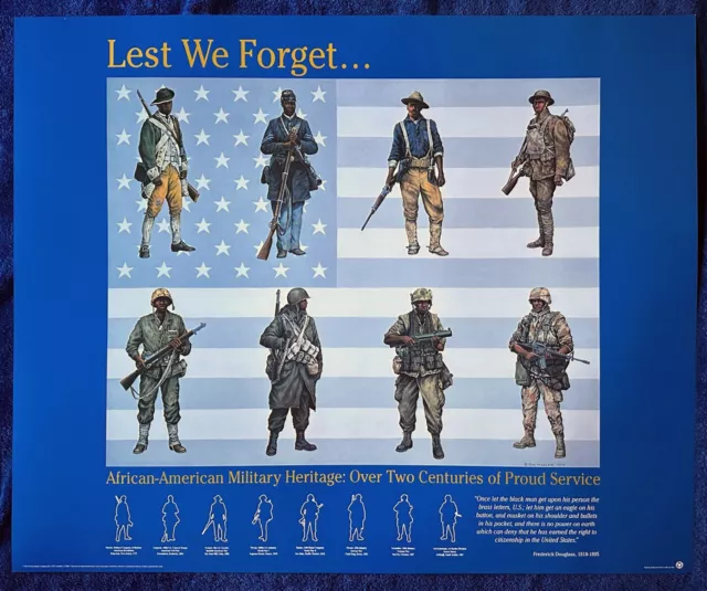 "Lest We Forget" African-American Military Heritage Poster Army  Marine WWI WWII