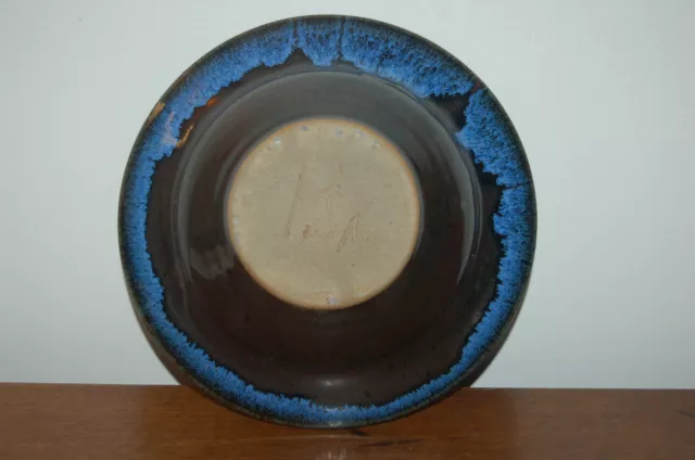 Ancienne coupe , vide poche bleue & noire , poterie ronde 19 cm signée P.S.M 2