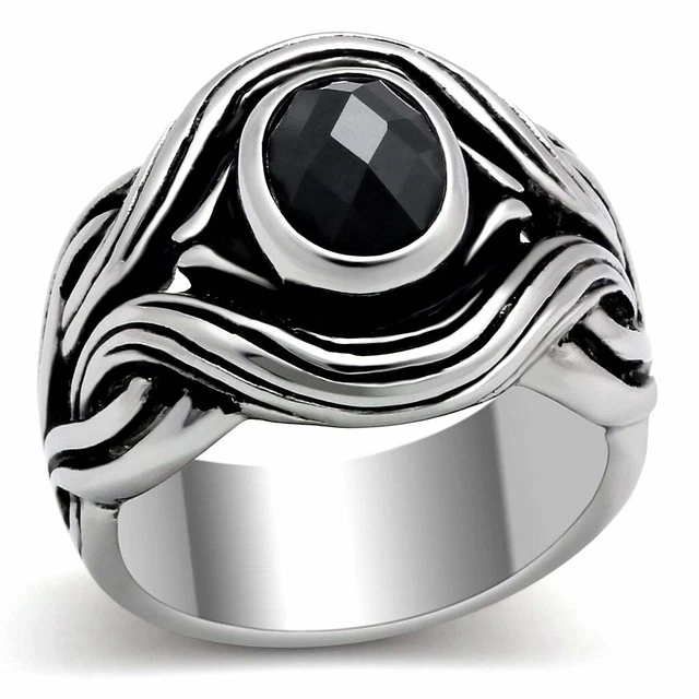 Mens onyx ring Black Signet Pinky chunky oval steel signet 307